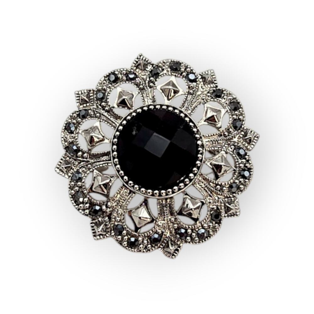 Marcasite Black Glass Brooch Silver Tone – Art Deco Noir